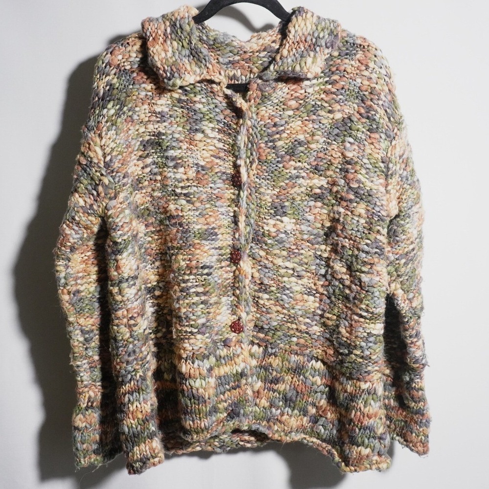 Vintage Chunky Cardigan Sweater Collared Button‎ Up Variegated Handknit Cozy XL